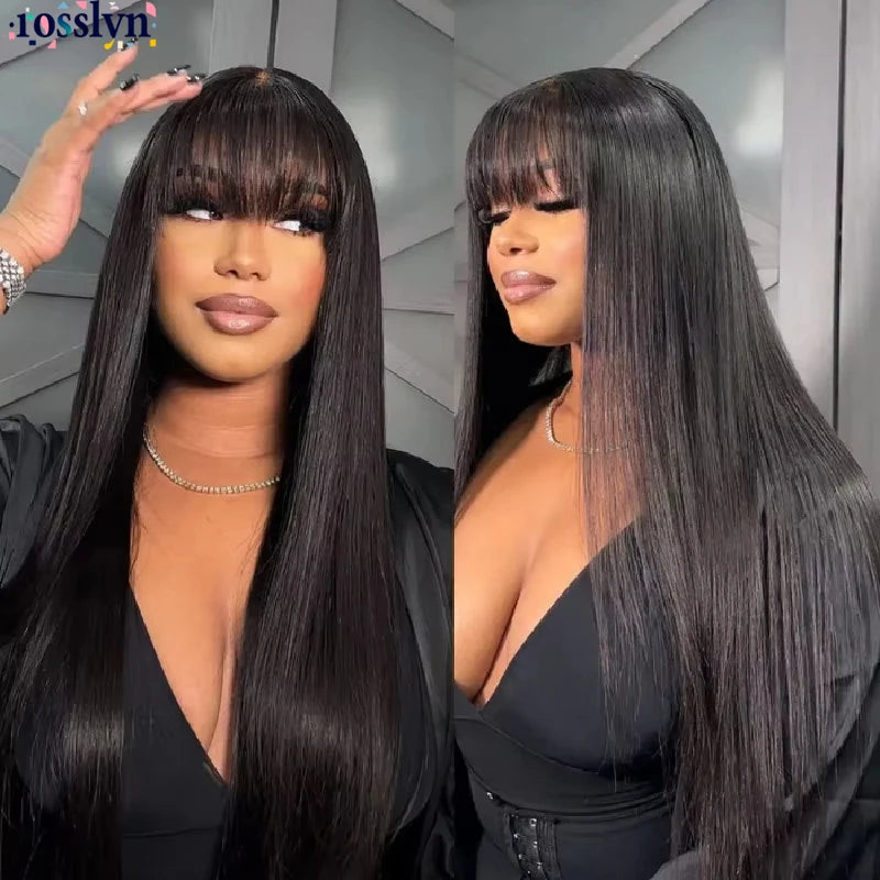 Rosslyn Straight Human Hair Wigs With Bangs 1b Black Wig Not Lace Natural Color Full Machine Wig From Brazilian Original